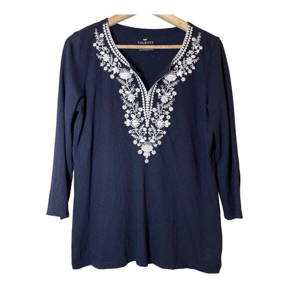 Talbots Navy White Embroidered Cotton Modal Small Blouse Top - Picture 1 of 5